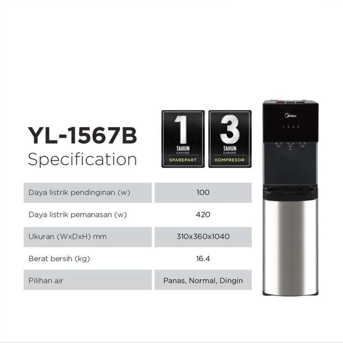 Midea Dispenser Standing Galon Bawah Kompresor Low Watt - Hitam - YL1567B | YL 1567 B